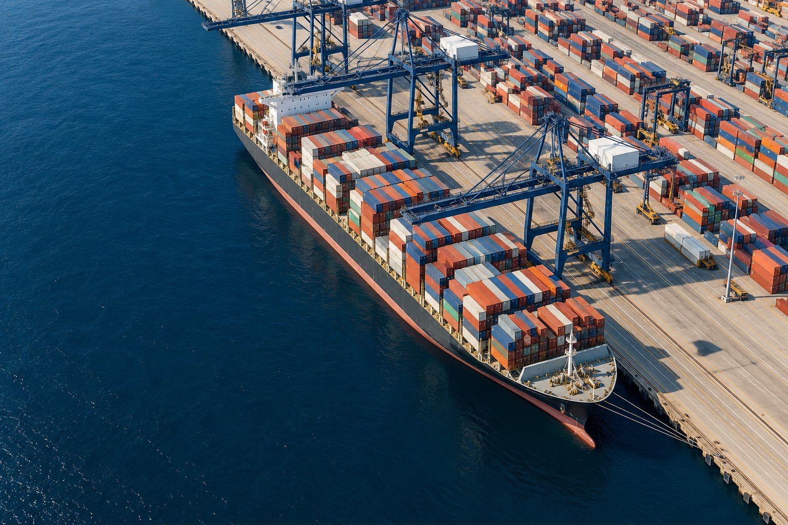 Container vessel at an international port — illustrative image